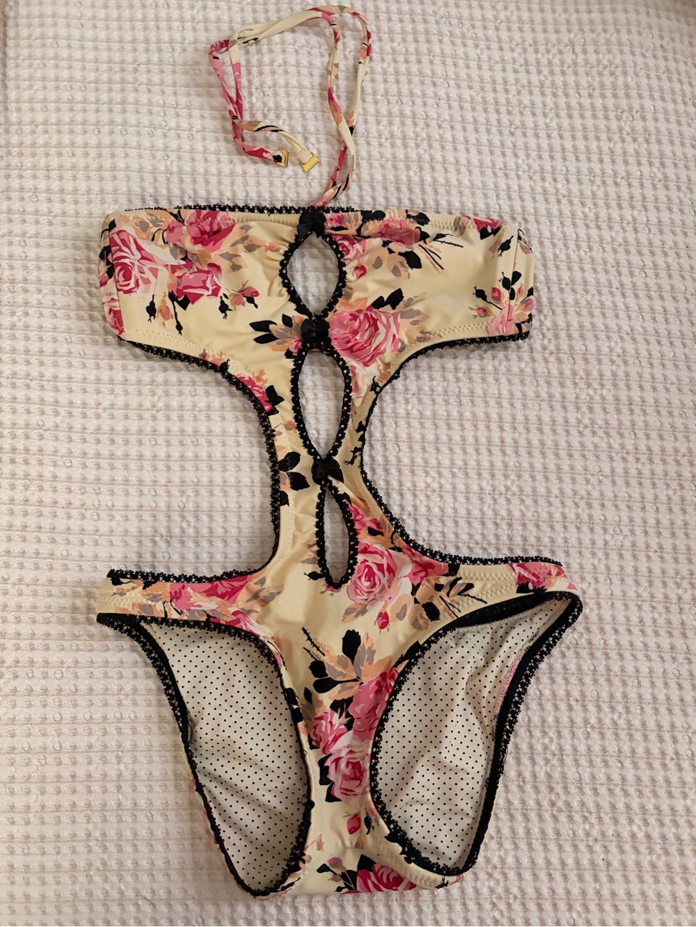 Vintage Betsey Johnson Floral Cutout Mono-kini Swimsuit - Cream, Pink, Black